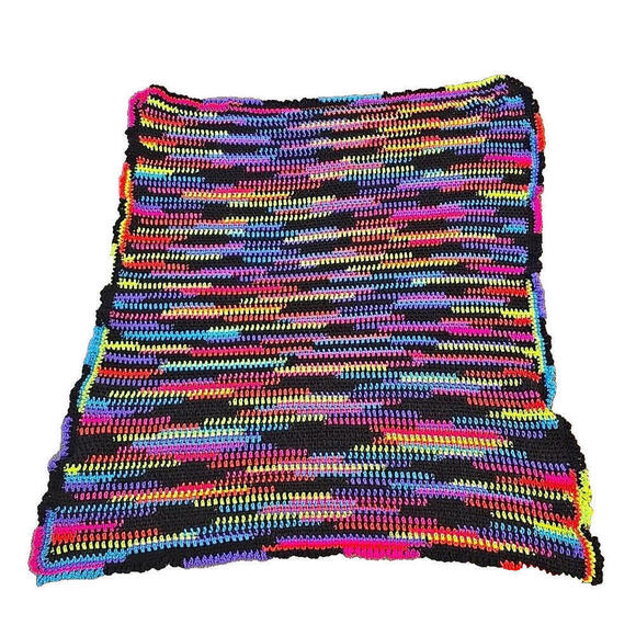 Other - Handmade Afghan Neon Stripe Boho 80's‎ Crochet Blanket, 55" X 49"